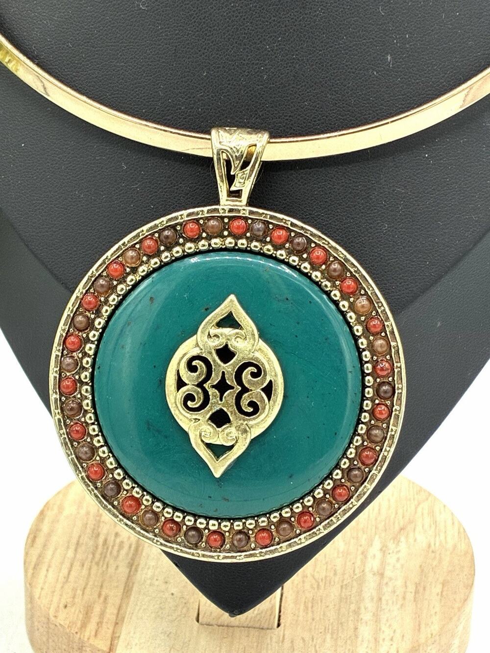 Boho Statement Choker Necklace Large Turquoise Medallion Gold Tone Collar